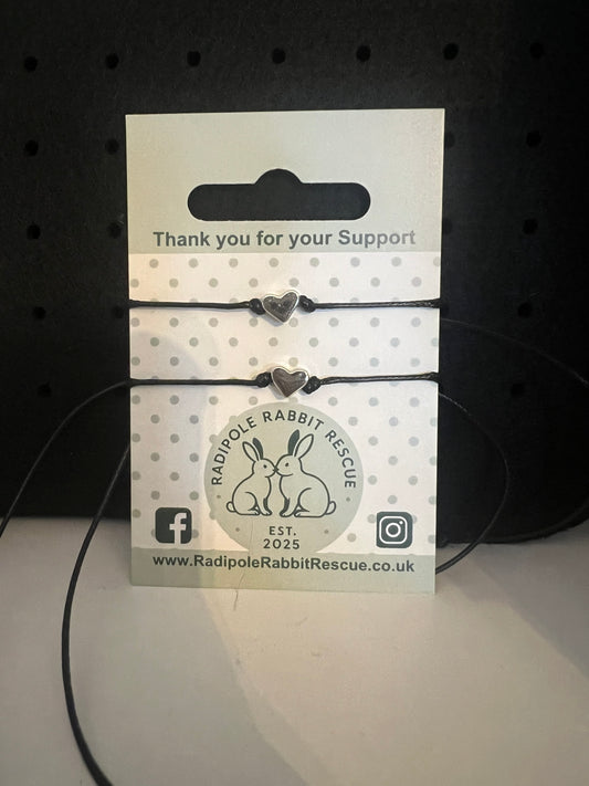 2pc cord, heart charm, Barrel knot bracelets